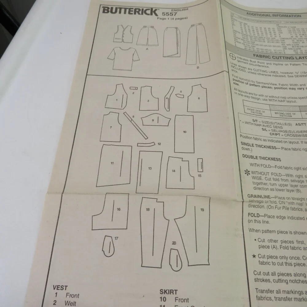 butterick 5557 UNCUT vest, top, skirt, pants, shorts sewing pattern
